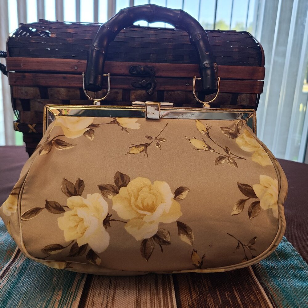 Banana Republic Handbag Purse 100% Silk Floral Cream Ivory Brown Roses Beige